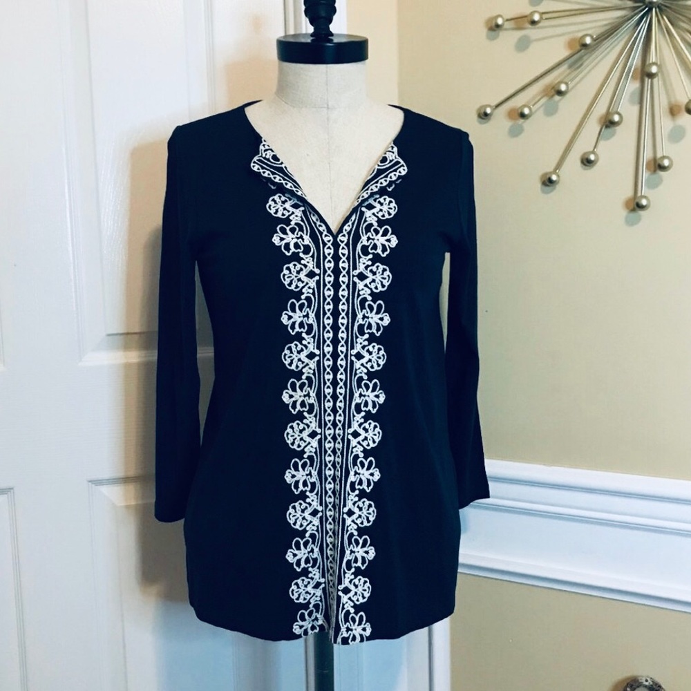 J. Jill Embroidered Peasant Tunic Navy Blue Sz XS